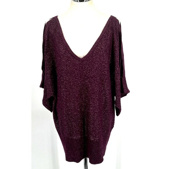Torrid Cold Shoulder Top Sz 3 Purple Sparkle Sweater Vee Neck Short Sleeve - Picture 1 of 7